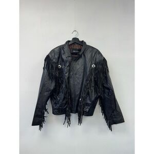 Vintage High Sense Leather Jacket Mens Medium Black‎ Fringe Western Biker 90s